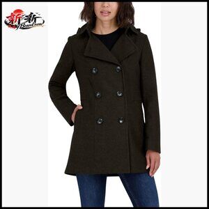 Wool Blend Peacoat Double Breasted Winter Coat with Detachable Hood